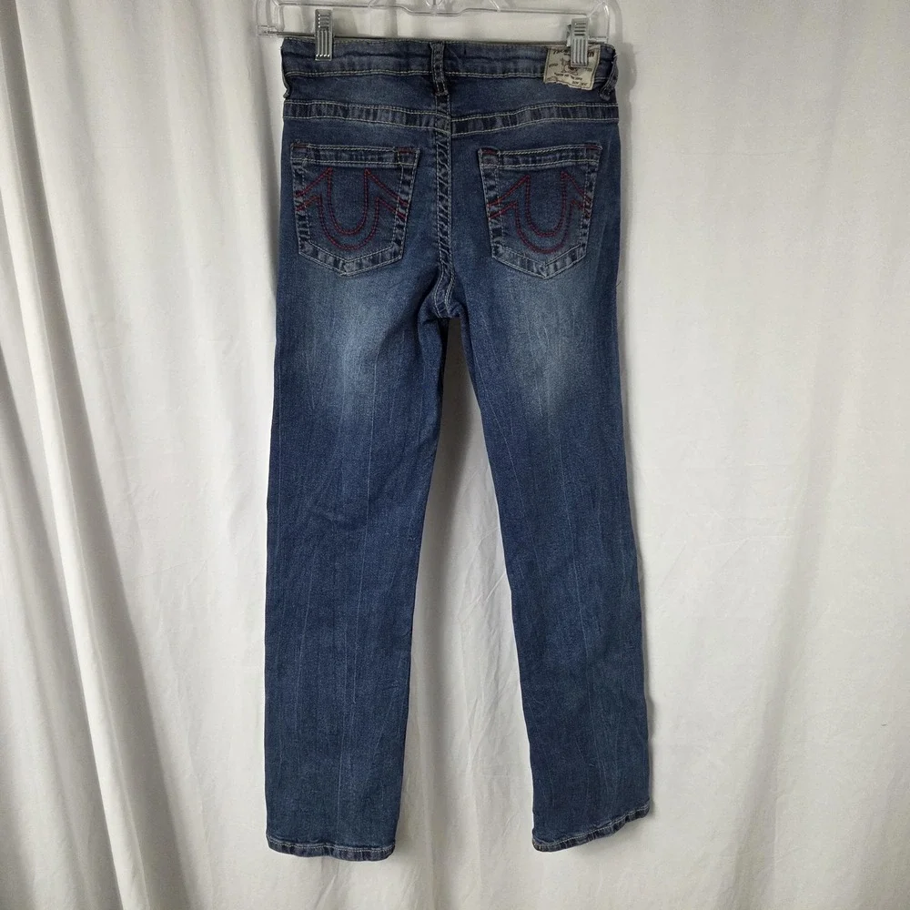 True Religion Jeans Youth 14 Blue Ricky Relaxed Straight Stretch Denim Patches
